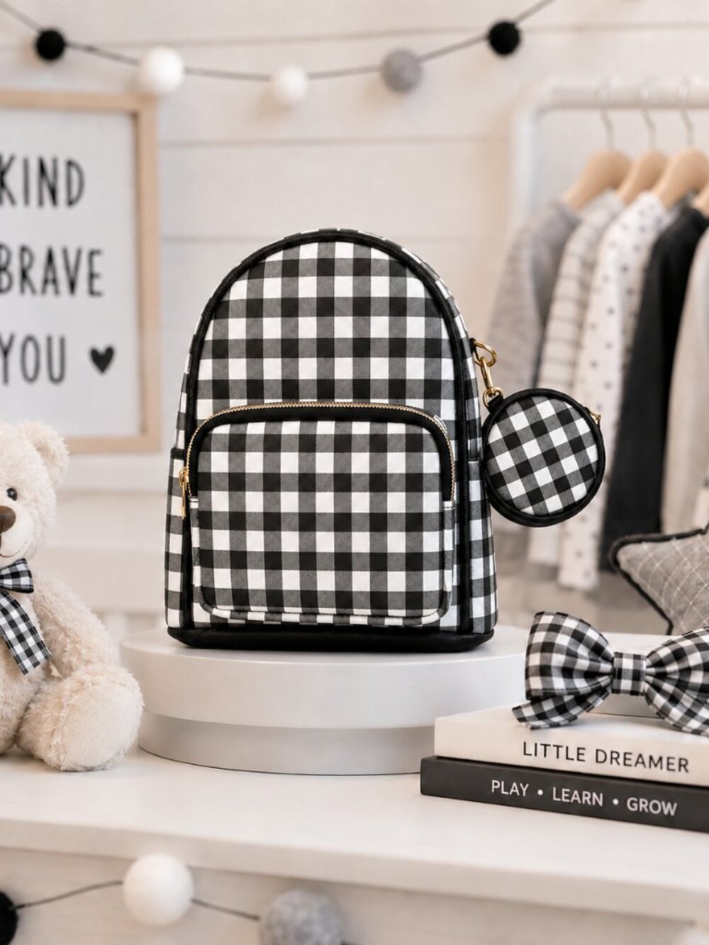 🤍🩶🖤Claire's Black & White Gingham Mini Backpack + Coin Purse | NWT🖤🩶🤍